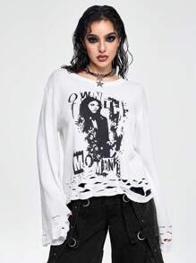 ROMWE Grunge Punk Vintage Distressed Human Silhouette Print Sweater