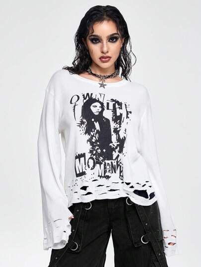 Grunge Punk Pull avec imprimé de silhouette humaine vintage usagé