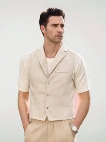 Manfinity VCAY Áo vest công sở mỏng vừa vặn bằng vải lanh pha trộn dành cho nam, phù hợp mặc đi làm vào mùa thu - Màu Khaki - Xem 3