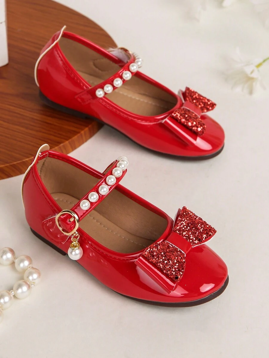 1 Pair Girls' Red Soft Bottom Mary Jane Princess Loafer Shoes, Suitable For Spring And Autumn