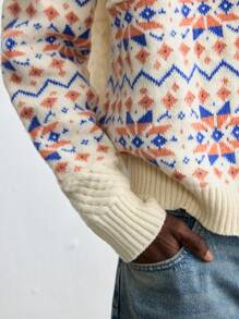 Maija 2025 Spring & Summer New Men's Multi-Color Round Neck Long Sleeve Graphic Details Casual Loose Knit Pullover Sweater, Thick & Warm, Fashionable For New Year, Date, Holiday Party, Valentine's Day