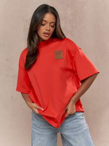 MISSGUIDED Logo Branding Patch Front Polo Neck Dropped Sleeve Oversized T-Shirt - Red - View 1