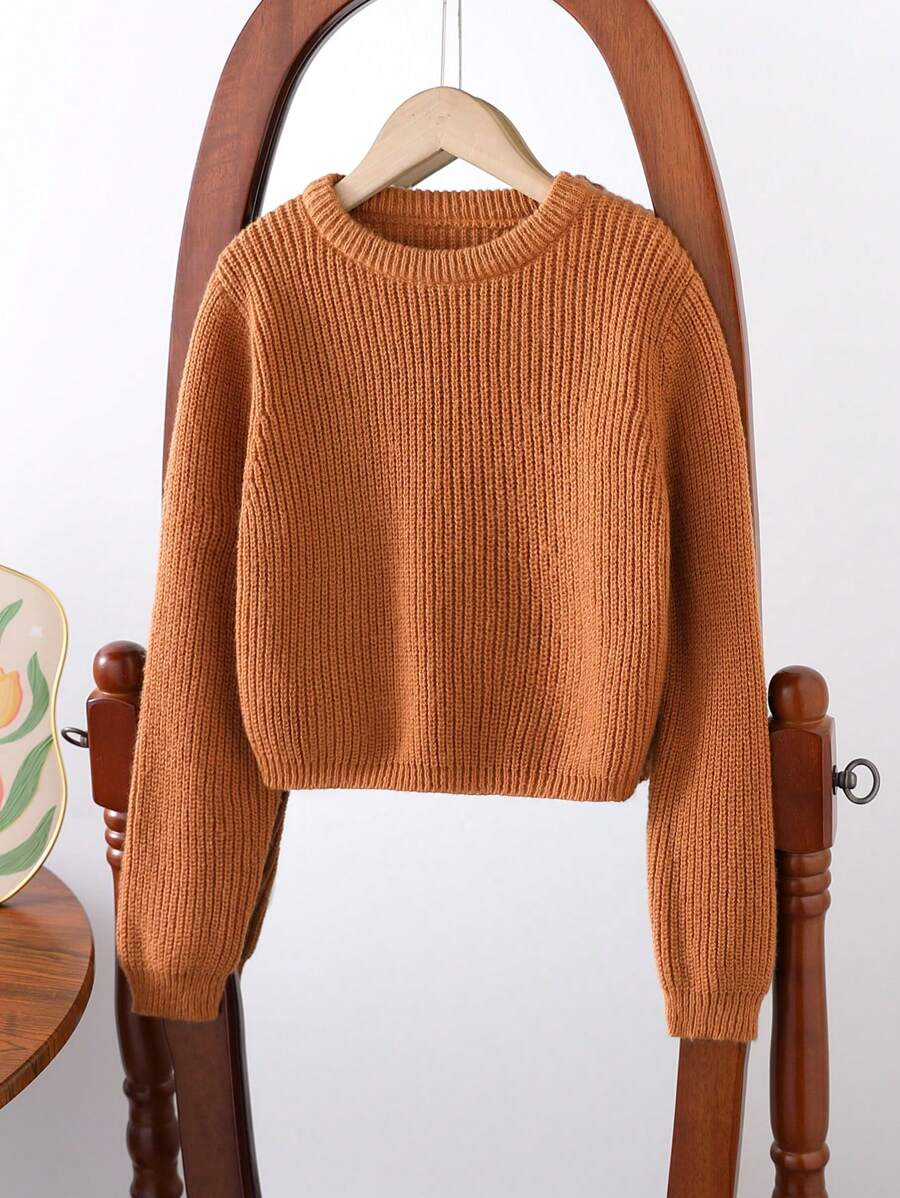 Tween Girl Solid Ribbed Knit Sweater - Khaki - View 1