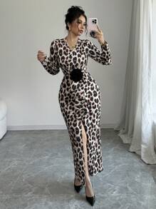 Chiquease V-Neck Long Sleeve Sexy Leopard Print Bodycon Dress, Slim Fit Slit Design, Fashion Maxi Women Outfit Fall Cloth For Women