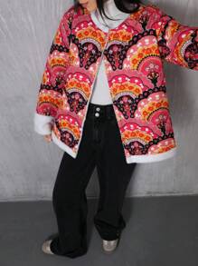 Aveloria EMERY ROSE Áo khoác nữ phong cách Thu/Đông kiểu Âu và Mỹ, dáng rộng thoải mái, đa năng, phối nhiều mảnh vải, họa tiết hoa ngẫu nhiên, thiết kế lượn sóng, lót lông cừu dày dặn, cài nút, tay dài, có lớp đệm, dành cho nữ, phong cách phương Tây cổ điển. - Nhiều màu - Xem 6