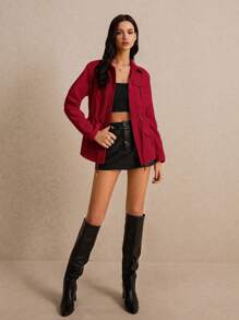 Poéselle Women's Casual Solid Color Drawstring Waist Jacket, Autumn