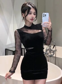 DAZY Đầm ngắn nhung tay dài cổ đứng phối ren cho nữ, kiểu dáng đơn giản, thường ngày, thích hợp cho dạ hội, mùa thu, thanh lịch, đêm giao thừa, ngày Valentine. - màu đen - Xem 5