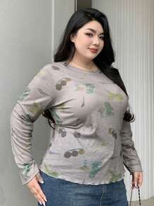 Dazy Plus All-Over Fruit Print Fitted Base Layer T-Shirt, Spring/Summer Sheer Long Sleeve Women Tops - Beige - View 4