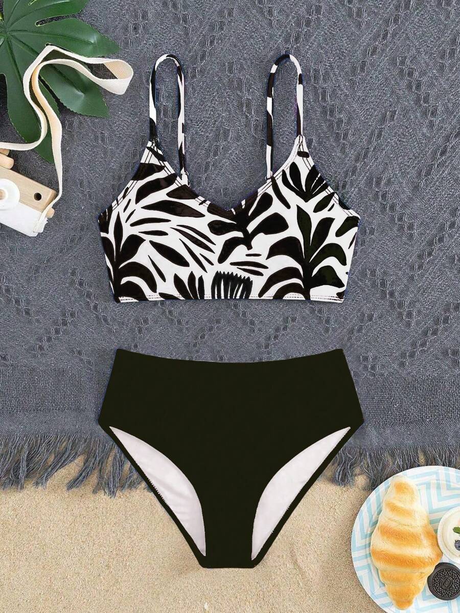 SHEIN Bộ bikini thường ngày in hình cây xanh cho bé gái tuổi teen đi biển - Đen và trắng - Xem 1