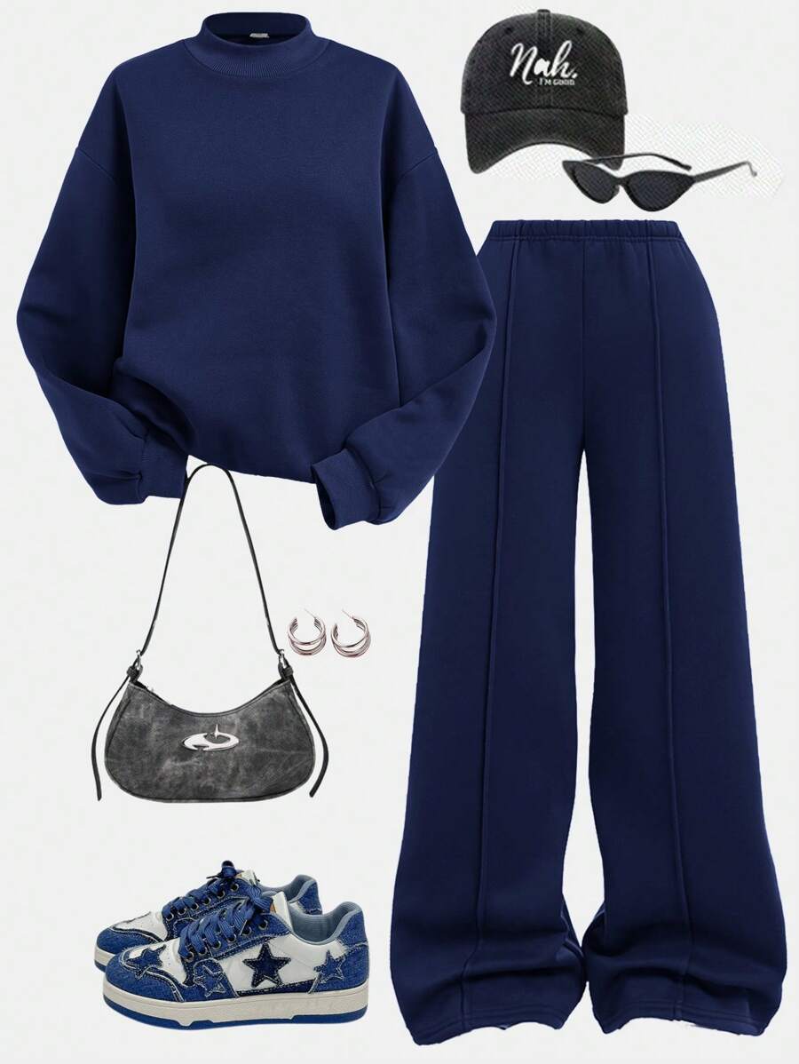 SHEIN Girlism Teen Girl Casual Solid Color Crew Neck Sweatshirt And Sweatpants 2 Pieces Set - Navy Blue - View 1