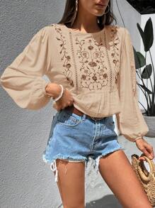Women's Flower Embroidery Long Sleeve Shirti Crinckle Fabric, Boho Style, Slice Lace Detailed - Beige - View 4
