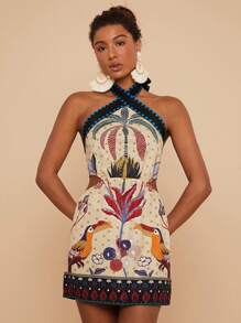 Travachic 女士度假花卉印花短款挂脖式休闲连衣裙 - 彩色 - 查看 4