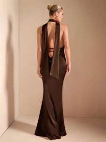 SHEIN BAE 秋冬纯红色性感优雅深 V 领细肩带系带鱼尾露背细肩带针织连衣裙适合鸡尾酒会、浪漫约会、秋冬季分层穿着、派对、婚礼伴娘、夜间外出、万圣节、圣诞节 - 咖啡棕 - 查看 10