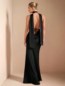 SHEIN BAE 红色性感优雅深 V 领细肩带露背系带美人鱼下摆针织连衣裙，适合鸡尾酒会、浪漫约会、秋冬分层穿着、派对、婚礼派对、万圣节、圣诞节 - 黑色 - 查看 8