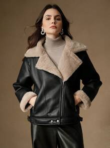 Anewsta Veste femme en PU noir et col  de lapin