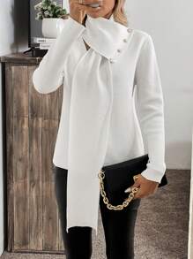 SHEIN Clasi Women's Solid Color Casual Sweater With Scarf Knit Pullover Fall Winter - White - View 5