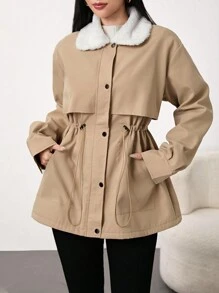 Mulvari 女式休闲双色毛领抽绳腰部羊毛风衣，秋冬 - 咖啡棕 - 查看 5