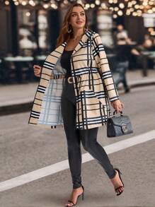 EMERY ROSE Plus Size Women Plaid Drawstring Waist Zip Up Casual Hooded Jacket, Coat Women Fall Autumn,Spring - Multicolor - View 9