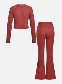 SHEIN Tween Girl Casual Loose Fitting Stand Collar Simple Comfortable Long Sleeve T-Shirt & Flared Pants 2 Pieces Set