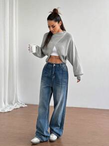 SHEIN Unity 1 件女士休闲、日常、简约不对称下摆灯笼袖套头衫，灰色