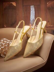 CUCCOO TILAWA Women's Small Square Toe Stiletto High Heels Shoes With Gold Thin Heels, Shiny Pointed Toe, Rhinestones, Fashion, Comfortable, For Daily Wear, Parties And Occasions, Spring/Autumn For And Vibe And Spring Shoes Spring Break Easter