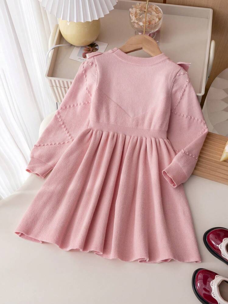 Souflis Souflis Young Girl's Pink Bow Sweater Dress, Ruffled Round Neck Long Sleeve Knitted Dress - Pink - View 2