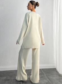 SHEIN Tall Casual minimalist enfärgat set med raglanärmströja och byxor i 2 delar, höst/vinter, för långa kvinnor, loungewear, krämvit - Beige - Visa 2