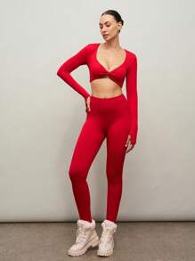Activina Christmas Women Plain Minimalist Seamless Long Sleeve Sports T-Shirt For Daily Wear & Fitness & Ballet - Red - View 6