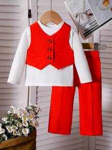 女婴红色背心，配长袖上衣和西裤 - 紅色 - 查看 7