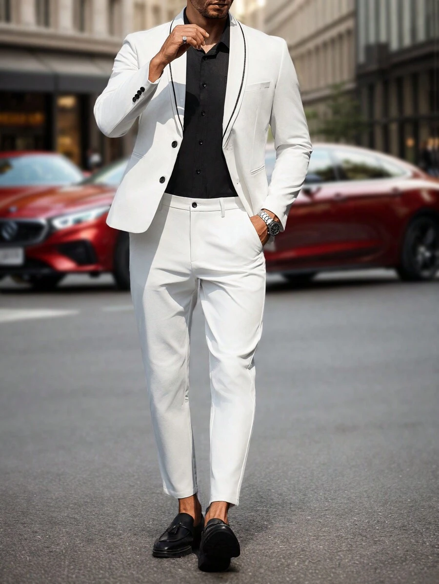 Manfinity Mode Men's Contrast Color Shawl Collar Jacket & Slim Fit Pants Suit Set,White Suit Set - White - View 1