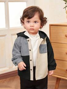 SHEIN 男婴休闲校园风格彩色连帽套头灯芯绒衬衫 - 黑與白 - 查看 13