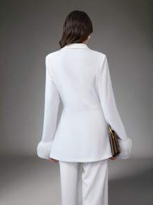 SHEIN Privé Women White Asymmetrical Hemline Feather Cuff Blazer Jacket - White - View 2