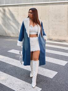 SHEIN ICON Plus Size Casual Color Block Fuzzy Patchwork Long Denim Jacket For Autumn/Winter
