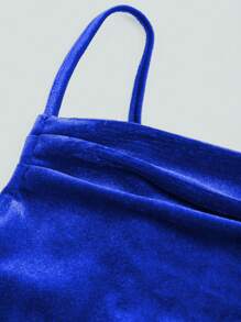 SHEIN Unity 女士纯色荷叶边美人鱼下摆修身优雅吊带背心连衣裙适合节日派对服装超长天鹅绒女装 - 薄荷藍 - 查看 3