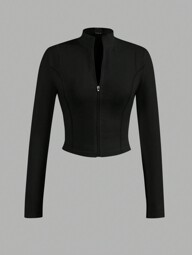 Slaydiva Jachetă elastică pentru femei, ocazională, toamnă-iarnă, cu fermoar pe jumătate, decolteu în V și mâneci lungi strâmte - B