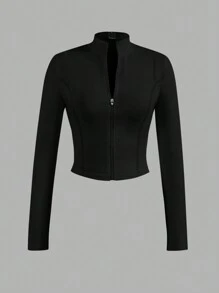 Slaydiva Simple Casual Women's Autumn-Winter Stretchy Jacket With Half-Neck Zipper, V-Neck, And Tight Long Sleeves - B