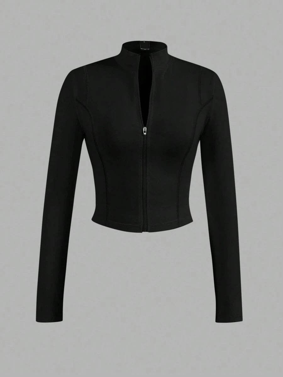 Slaydiva Simple Casual Women's Autumn-Winter Stretchy Jacket With Half-Neck Zipper, V-Neck, And Tight Long Sleeves - B