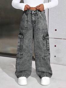 SHEIN Tween 女童 Y2K 时尚粉色石洗高腰翻盖口袋宽松直筒工装牛仔裤