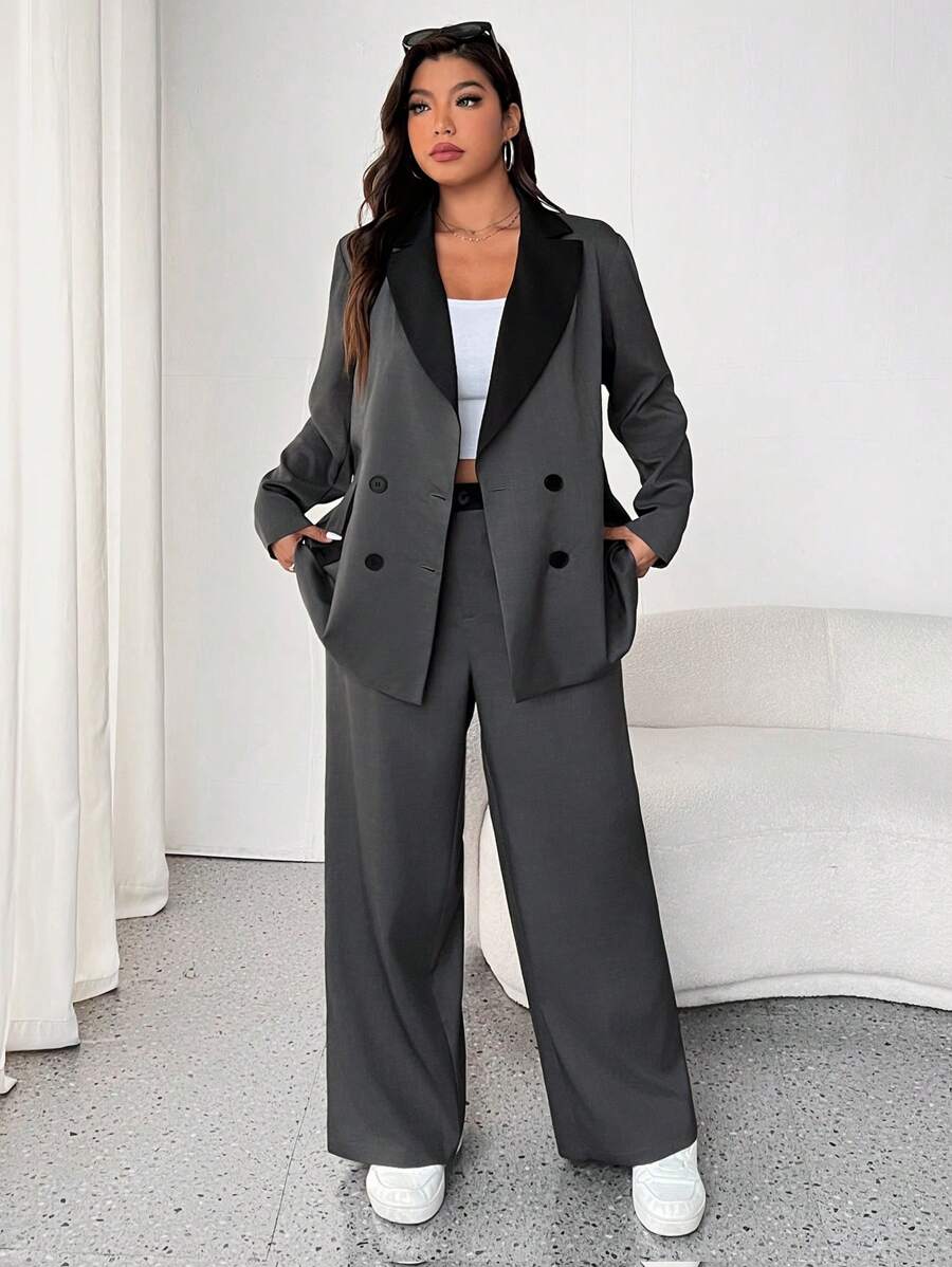 Vionelle 大码女式撞色翻领长袖夹克和裤子优雅套装，秋季 - 彩色 - 查看 1