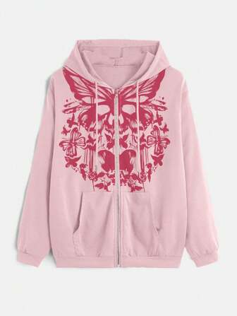 Fairycore Casual Butterfly Print Drawstring Hoodie Sweatshirt, Autumn