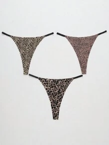 3 piezas/paquete Bragas tipo g-string sin costuras y sexis con estampado de leopardo para mujeres de talla grande