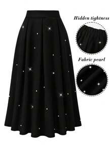 SHEIN Clasi 大码女式纯色仿珍珠装饰褶皱长裙，优雅 - 黑色 - 查看 1