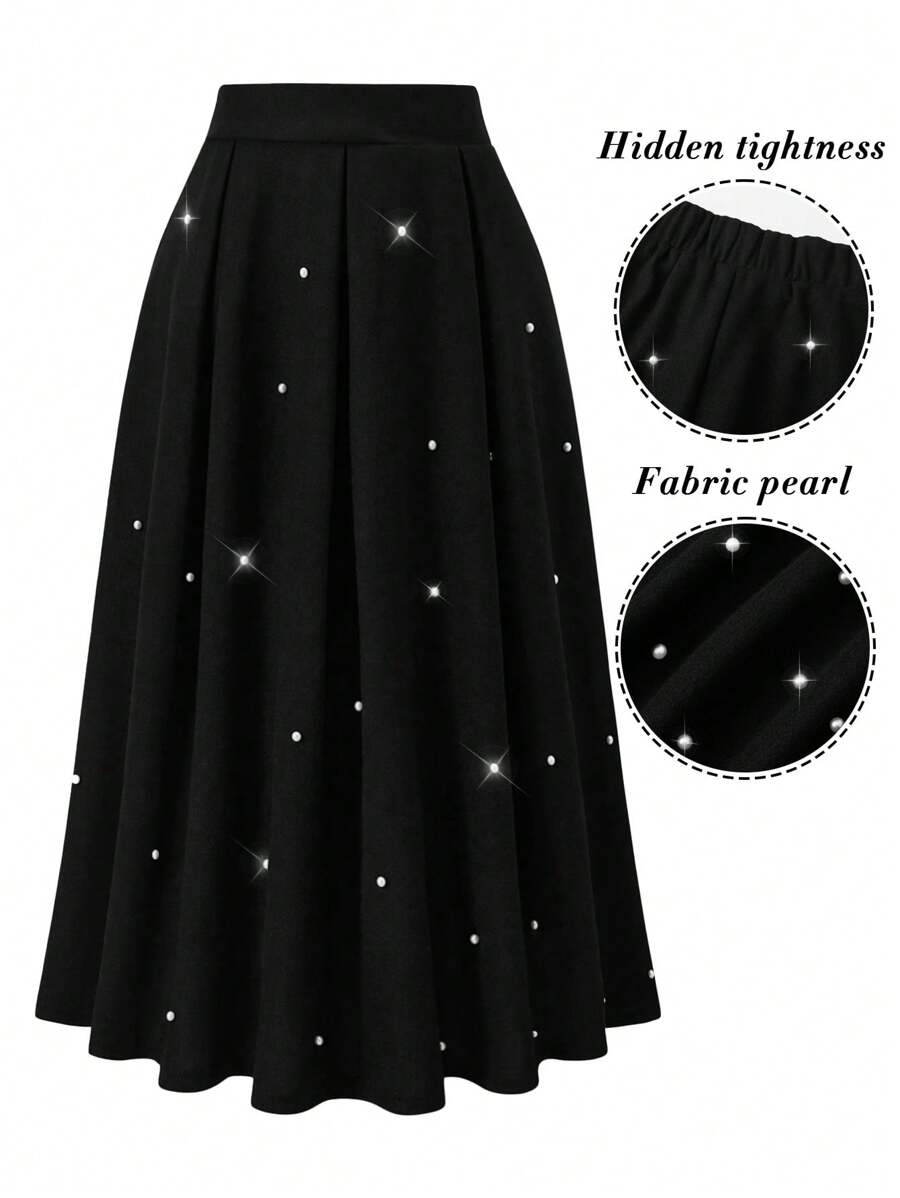 SHEIN Clasi 大码女式纯色仿珍珠装饰褶皱长裙，优雅 - 黑色 - 查看 1