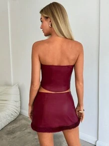 Aloruh Maroon Women's Sleeveless Tube Top With PU And Fuzzy Trim , Christmas Thanksgiving New Years Holiday Party Y2k - Burgundy - View 2