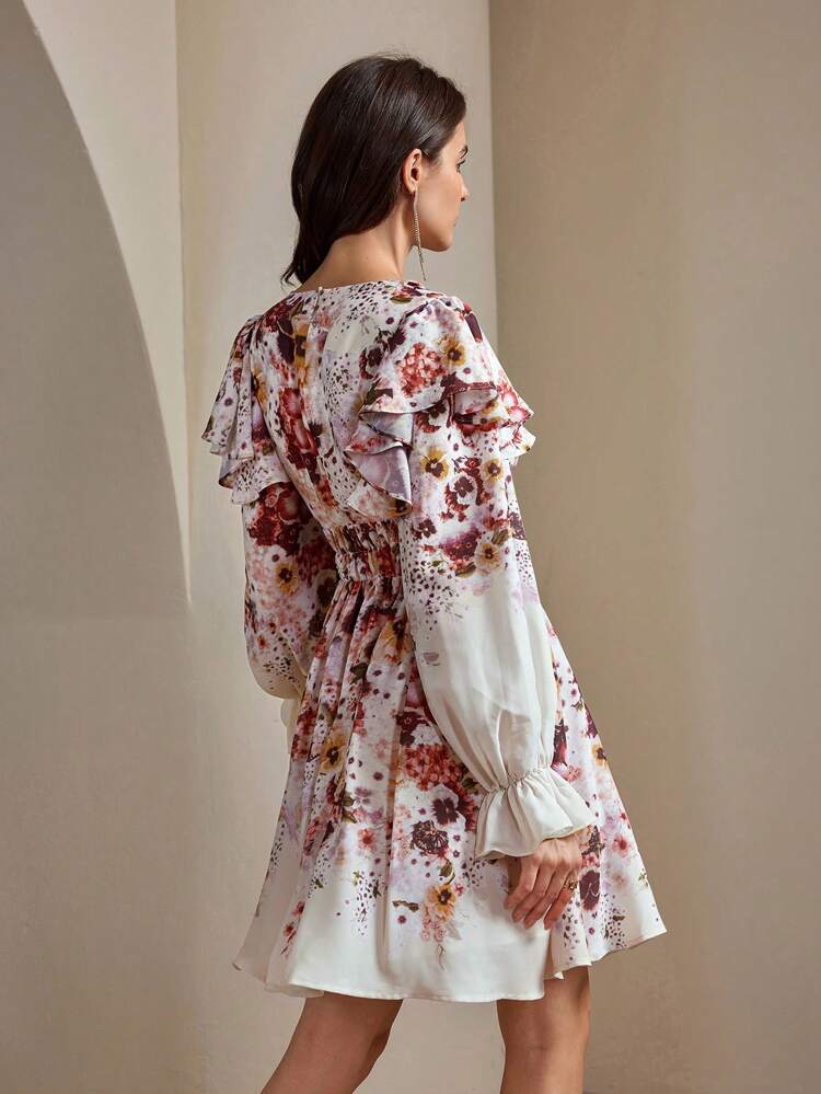 French Elegant Resort Floral Patchwork Ruffle Hem Short Dress For Women