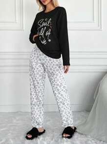 EURMUSE Conjunto de pijama de mujer de algodón con estampado de lunares y letras - Negro - Ver 6