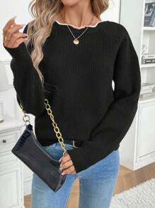 SHEIN Frenchy Women's Bow Decor Minimalist Long Sleeve Sweater, Casual Everyday Wear Winter Outfits Sweater Winter Women Clothes Girl Bow Sweaterteen Bow Sweater - Black - View 6