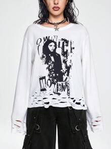 ROMWE Grunge Punk Vintage Distressed Human Silhouette Print Sweater