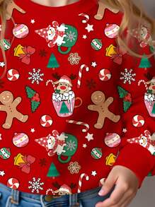 SHEIN Áo nỉ dệt kim dài tay cổ tròn dáng rộng thoải mái họa tiết cây thông Noel, tuần lộc, ông già Noel cho bé gái, phù hợp cho mùa thu/đông - Nhiều màu - Xem 4