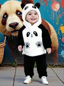 SHEIN 男婴冬季保暖法兰绒两件套，包括一件绣有可爱熊猫的长袖连帽运动衫和一条黑色长裤，适合各种场合。 - 黑與白 - 查看 1